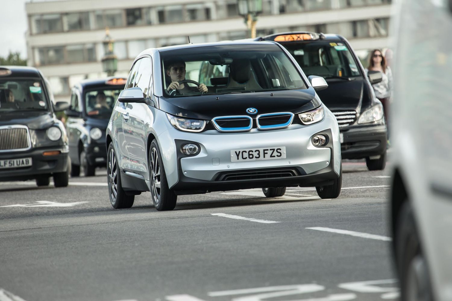 BMW i3 front in London traffic