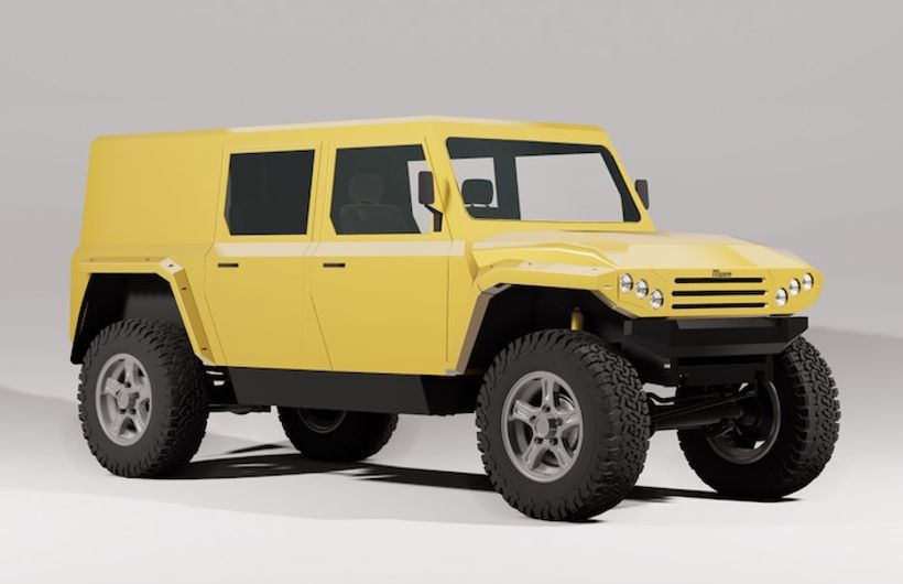 Munro electric off-roader 4x4, yellow, CGI studio picture