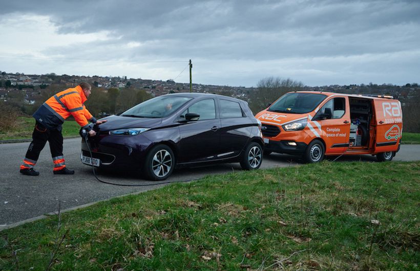 RAC van (Ford Transit) patrolman rescuing a Renault Zoe with charge cable