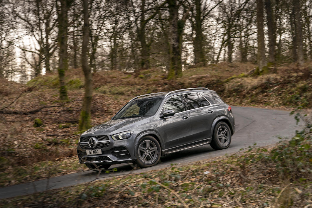 Mercedes-Benz GLE350de4MATIC front action shot, UK registered, woodland road