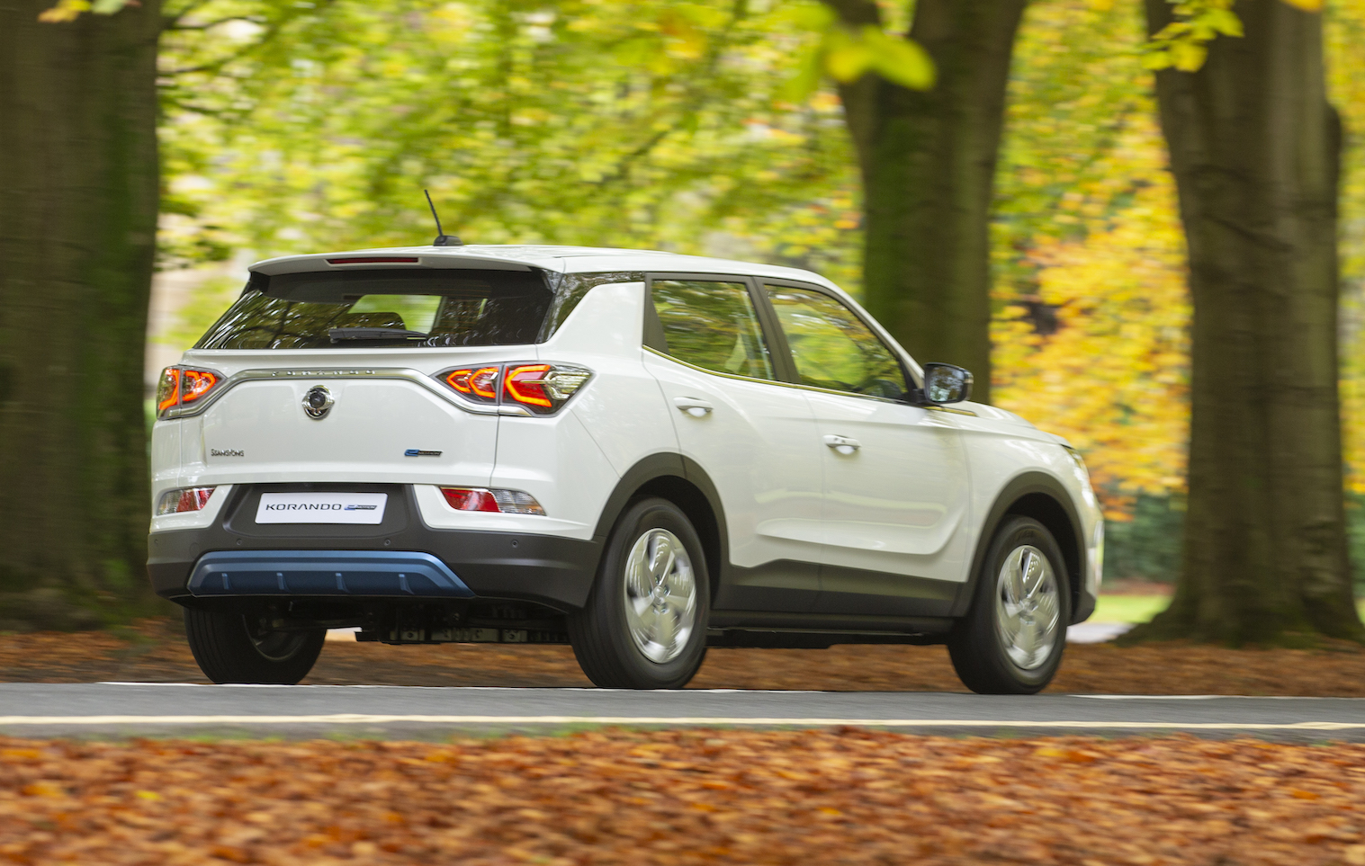 SsangYong Korando e-Motion rear action, white car