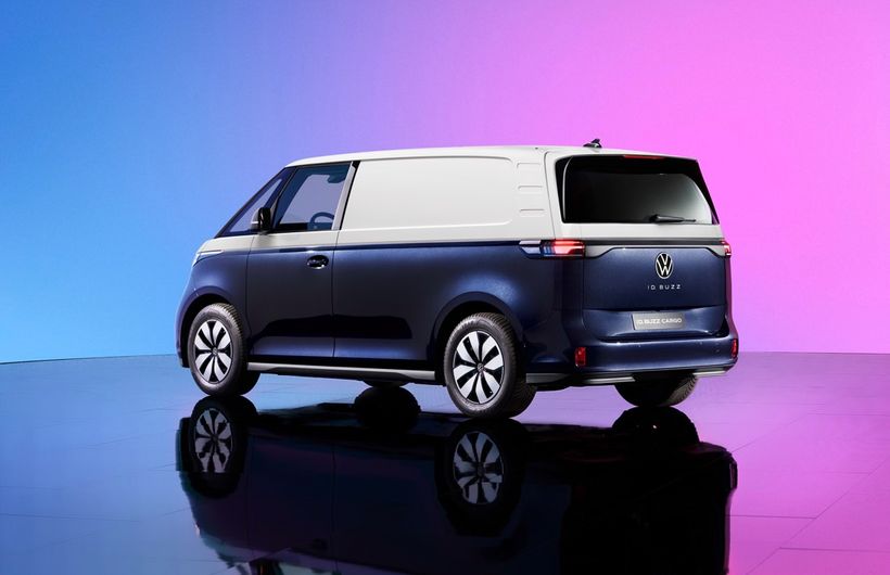 Volkswagen ID.Buzz, blue/white, van, rear three quarters