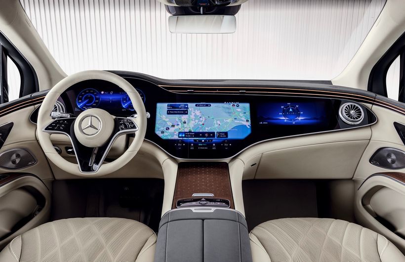 Mercedes EQS SUV interior and dashboard, cream leather