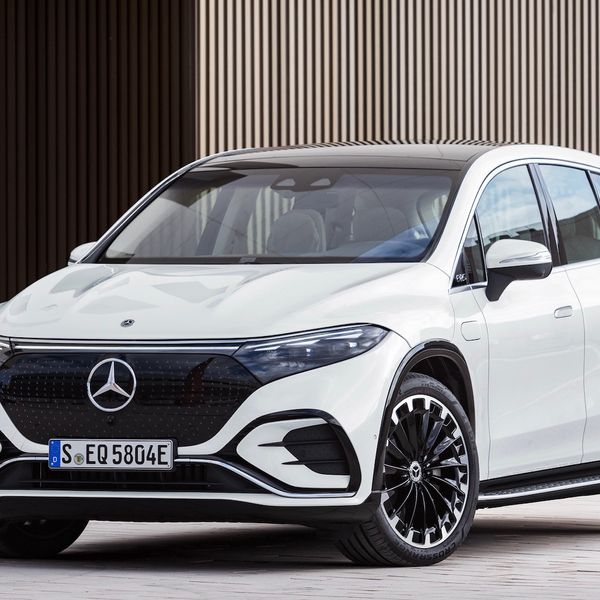 Mercedes EQS SUV front three quarter static, white car, German registration