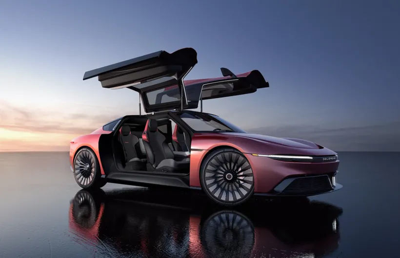 Delorean EV, red, front three quarters, doors raised