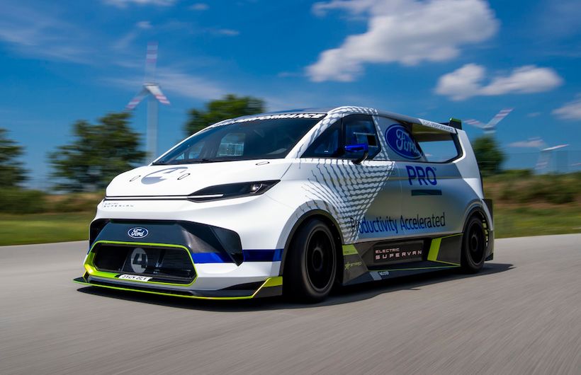 Ford E-Transit Supervan, front on, three quarters action shot