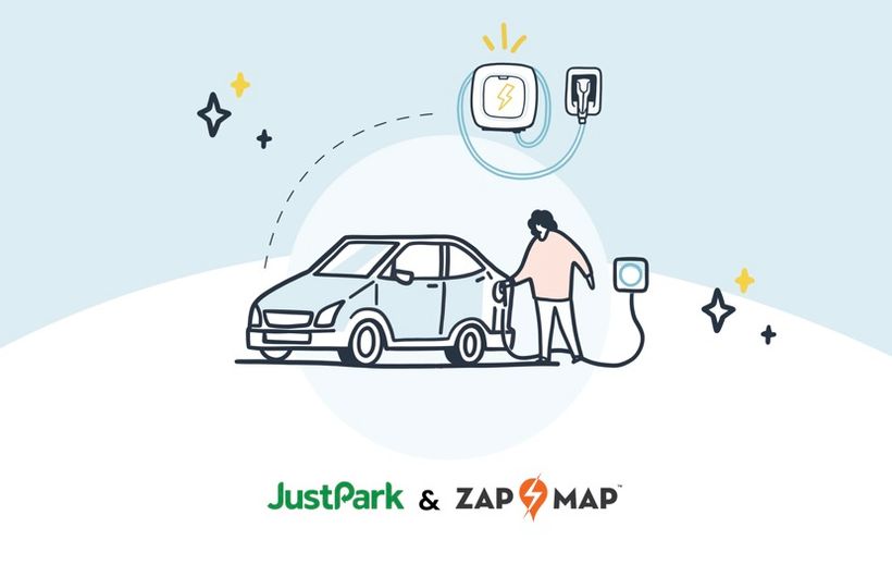 Just Park and Zap Map partnership cartoon drawing of car charging and logos