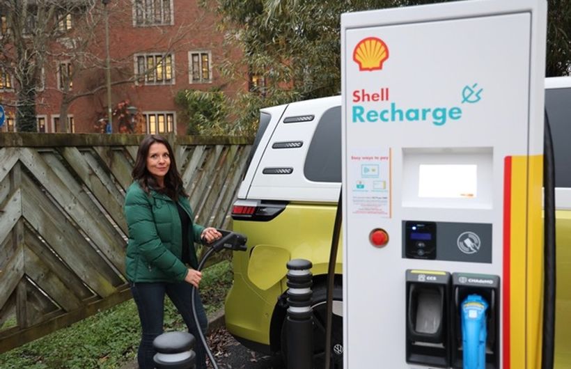Ginny Buckley and Shell Recharge Rapid charger, with VW Buzz