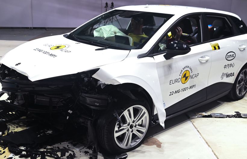 MG4 after a Euro NCAP crash test, frontal impact, white car