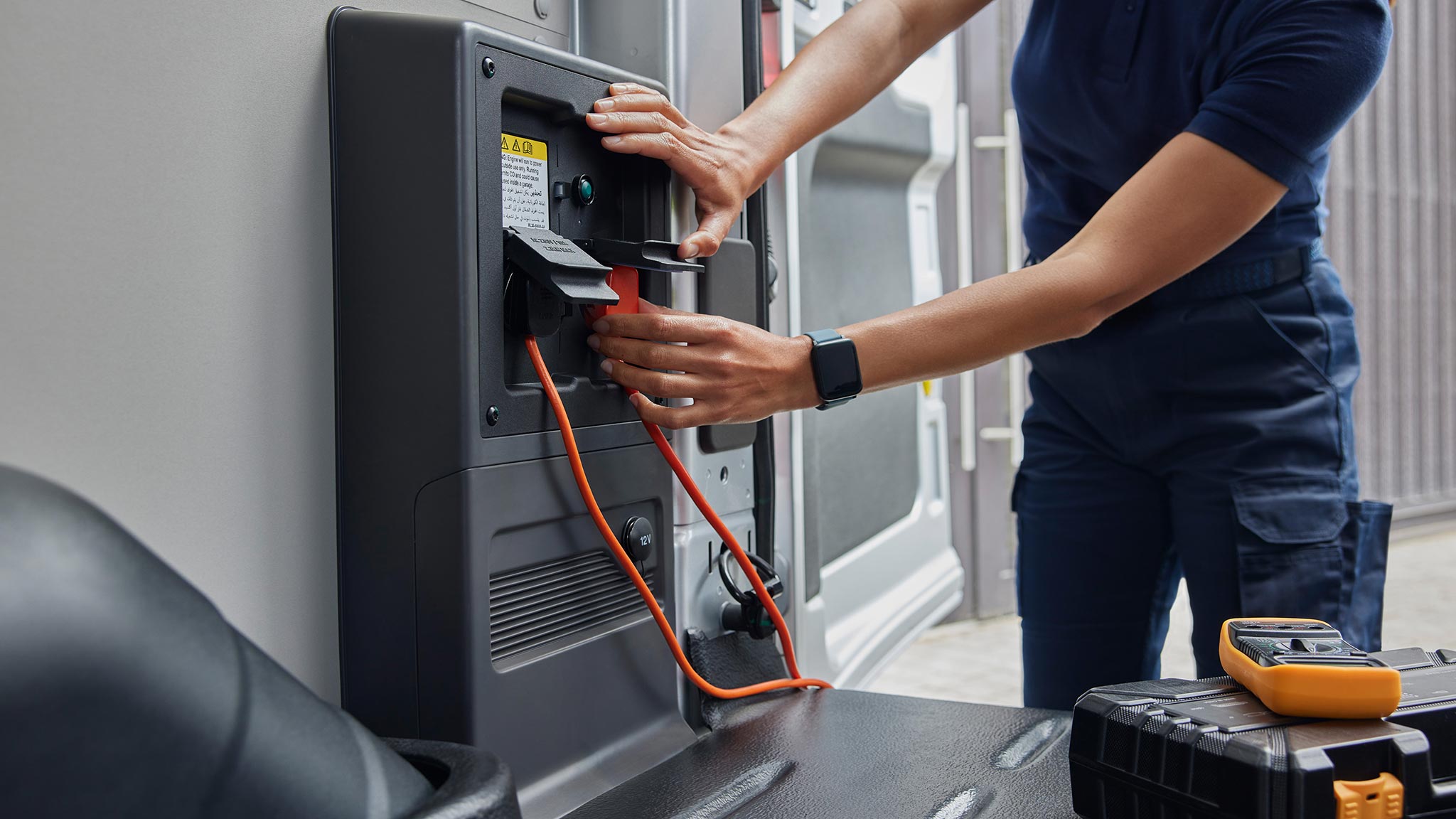 Ford E-Transit Power Pro rear sockets in use, vehicle to load
